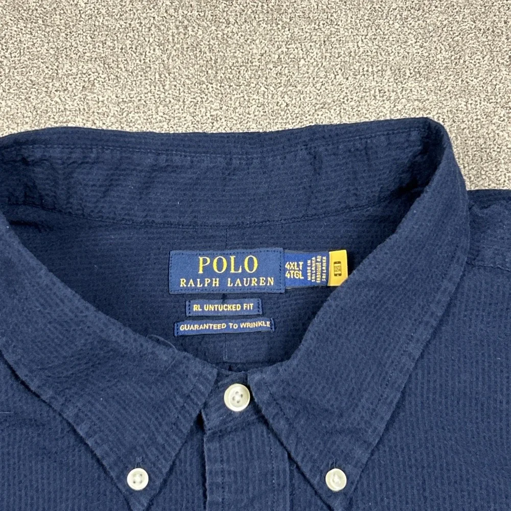 Polo Ralph Lauren Seersucker Shirt Mens 4XLT Untucked Fit Navy Button Up Pony
